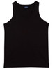 A black men's cotton singlet with a round neckline and no sleeves. It features a branding label.