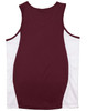 A maroon and white kid's contrast mesh singlet with a sleek design and a logo on the front.