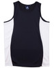 A black and white kid's singlet with a contrast mesh design and a logo. Suitable for active wear.