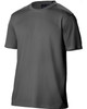 A grey men's short sleeve tee with a logo on the label, made from cooldry material.