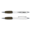 A white barrel pen with a green grip and chrome accents, featuring a logo on the side.