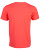 A vibrant coral men's T-shirt with a stretch fabric, featuring a logo on the back.