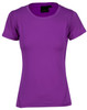 A purple ladies' stretch tee with short sleeves and a fitted design. Features a logo tag inside the neckline.