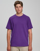A purple semi-fitted men's cotton T-shirt displayed on a model against a neutral background.