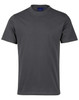 A grey kid's semi-fitted cotton T-shirt with short sleeves and a round neckline. It features a logo on the label.
