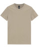 A plain, light beige premium cotton t-shirt with a round neckline and short sleeves. It features a logo label.