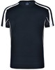 A black short-sleeve t-shirt with white side accents and a logo on the collar.