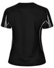 A black short-sleeve women's T-shirt featuring grey accents and a logo on the back.