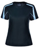 A black and light blue ladies' short-sleeve T-shirt with a logo on the front.