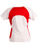 A red and white ladies' t-shirt featuring a sporty design and a logo on the back.