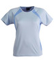 A light blue ladies' tee shirt with mesh side panels and a logo on the label.