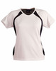 A ladies' tee shirt featuring a white body with black side panels, short sleeves, and a logo.