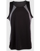 A black men's sprint singlet with grey mesh panels and a logo. Features a sleeveless design for active wear.