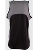 A black sprint singlet with a grey mesh back, featuring a logo on the fabric.
