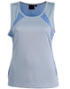 A light blue ladies' singlet with mesh detailing on the sides and a black label at the neckline.