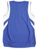 A blue basketball singlet with white side panels and a logo on the back.