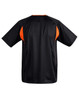 A black kid's soccer jersey with orange accents, featuring short sleeves and a logo on the back.