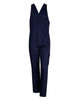 A navy blue cotton drill overall with adjustable straps and multiple pockets. Features a branding logo.