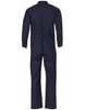 A navy blue men's cotton drill coverall with long sleeves and a fitted waist, featuring a logo.