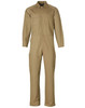 A men's cotton drill coverall in khaki, featuring long sleeves and multiple pockets, with a logo on the label.