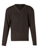 A V-neck jumper in dark brown wool and acrylic knit, featuring long sleeves and a branded label.