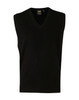 A black V-neck wool and acrylic knit vest with a sleeveless design and a logo label.