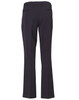 A pair of black ladies' slacks with a flared leg and back pockets. The pants feature a polished finish.