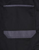 A close-up of a black cargo short featuring a grey pocket on the side, designed for utility and practicality.