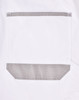 A white cargo short pocket featuring a grey trim and a logo. Simple design for utility use.
