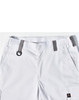 White unisex utility stretch cargo work pants featuring grey accents and a logo on the waistband.