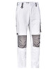 Unisex utility stretch cargo work pants in white with grey accents and cargo pockets. Features a logo on the waistband.