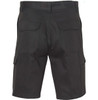 A pair of black heavy cotton drill shorts featuring multiple pockets and a back view design.