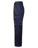 A side view of navy cargo pants featuring a large pocket on the leg and a regular fit silhouette.