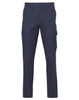 Navy cargo pants featuring side pockets and a regular fit, with a logo on the waistband.