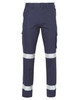 Navy work pants featuring a drill pant pocket on the leg and reflective strips. Includes a logo on the waistband.
