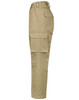 Beige cargo pants featuring multiple pockets on the leg, showcasing a stout fit with a side view.