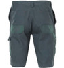 A pair of green cargo shorts with multiple pockets and a waistband, featuring a logo.