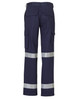 Heavy cotton cargo pants in navy blue with reflective 3M tape for visibility. Features multiple pockets and a back view.