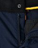 A close-up of navy Rip-Stop Poly/Cotton Stretch Work Pants, showcasing the zipper and fabric texture. Features a logo.