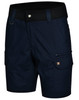Navy blue Rip-Stop poly/cotton stretch work shorts with multiple pockets and a brand logo.