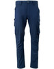 Unisex cotton stretch ripstop work pants in navy blue with side pockets and a fitted design. Features a logo.