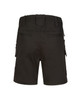 Unisex black cotton stretch drill work shorts featuring a rear view with multiple pockets and an elastic waistband.