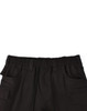 Unisex black cotton stretch drill work shorts featuring an elastic waistband and multiple pockets.
