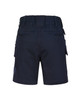 Unisex cotton stretch drill work shorts in navy, featuring multiple pockets and an elastic waistband.