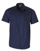 Navy blue short-sleeved work shirt with two front pockets and a logo on the collar.