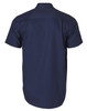 A navy blue short-sleeved work shirt with a pen holder pocket and a branding logo.