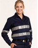A navy long-sleeve work shirt made from cotton drill, featuring 3M reflective tapes and a logo.