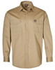A beige long-sleeve work shirt featuring two front pockets and a logo.