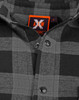 A black and grey plaid unisex flannel button-up shirt featuring a logo on the label.