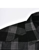 A black and grey plaid flannel shirt with a collar and button-up design, featuring a logo.